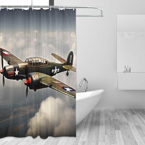 Rideau de douche avion Seconde Guerre mondiale polyester imperméable 183x183 avec 12 œillets