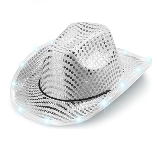 Shiny Sequin Light Up Cowboy Hat Flashing Western Cowgirl Hat Vintage Dance Ball Disco Jazz Hats Party Costume for Men Women Silver