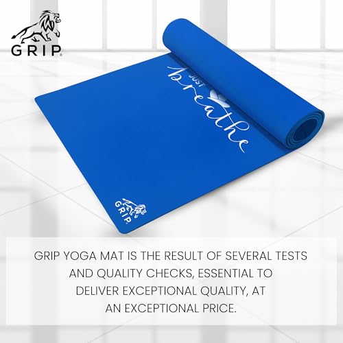 Image of GRIP Yoga Mat | 36 x 75 Inches | 12mm Thick | Just Breathe Design | Anti-Slip | Home & Gym | Men & Women | Blue Color