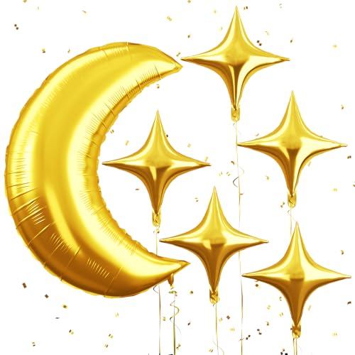 Biapian Moon and Star Balloons 36 Inch Large Metallic Gold Moon Balloon & 18 Inch Star Foil Balloons for Ramadan Eid Baby Shower Christmas Anniversary Engagement Wedding Birthday Party Decorations