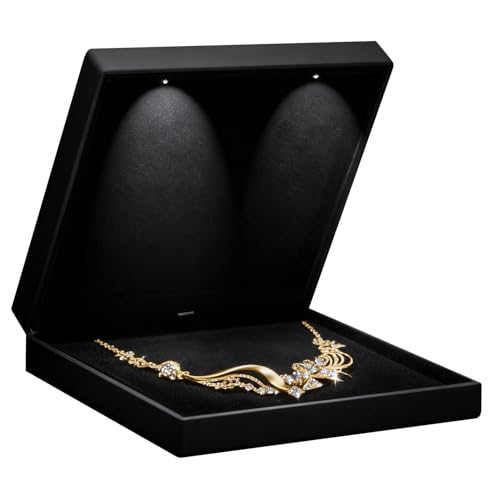 Allure – Caixa de colar grande com luz LED, formato quadrado, elegante estojo de colar de diamante, para proposta única, noivado ou casamento, caixa de presente de luxo interior de veludo preto