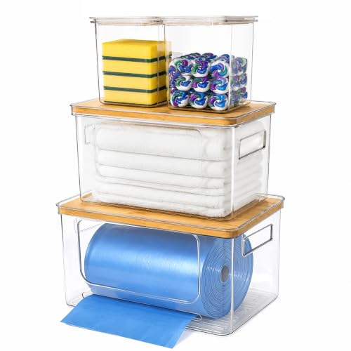 Cosmoharbor Trash Bag Organizer Under Sink Storage, 4 Piece Stackable Clear Storage Bins