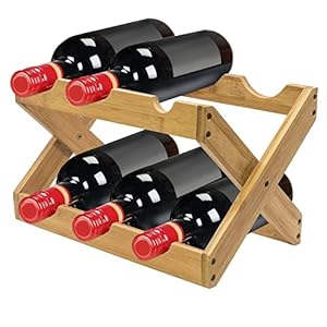 LQKYWNA 6 fles bamboe wijnrek, opvouwbare dubbele planken aanrecht kleine flessenrek voor keuken, bar en kast
