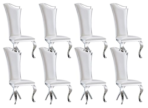 LIKUHLI Sillas de Comedor Cuero Blanco, Juego de 8, sillas de Comedor tapizadas con Patas de Acero Inoxidable y Respaldo Alto, sillas de Comedor de Cuero, Comedor Moderno de medi