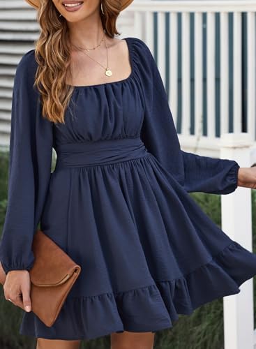 Image of Dokotoo Womens Dress Long Lantern Sleeve Square Neck Tie Backless Sexy Dress Ruffle Elastic Waist A-Line Mini Dress