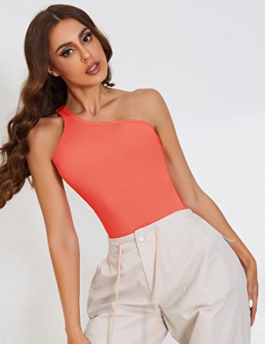 Lomon Womens Sexy One Shoulder Tops Ribbed Thong Camisole Orange Bodysuit Knitted Tank Tops Casual Summer Slim Shapewear L #TOP6