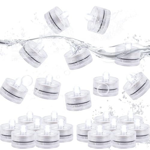 JINHEZO Submersible LED Light, Tea Lights, Pond Underwater Small LED Lights, Battery Operated 125 Hours, for Wedding Home Vase Festival Party Decoration White 24Pcs (Built-in 48 Batteries)
