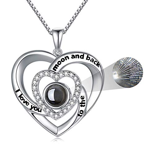 Collier 100 langues en argent sterling 925 avec pendentif de projection d'amour pour femme