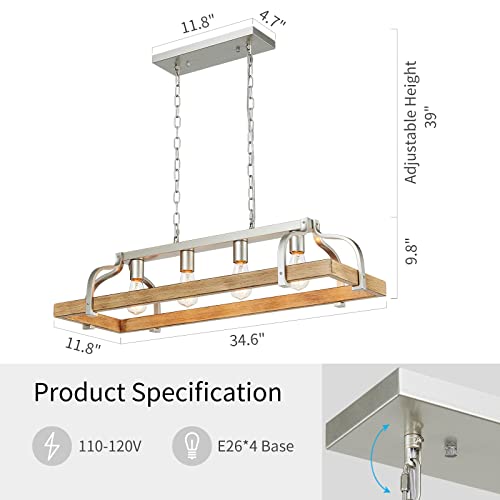 4-Light Metal Pot Hanging Rack Chandelier Imitation Light Wood Grain Linear Pendant Ceiling Lighting