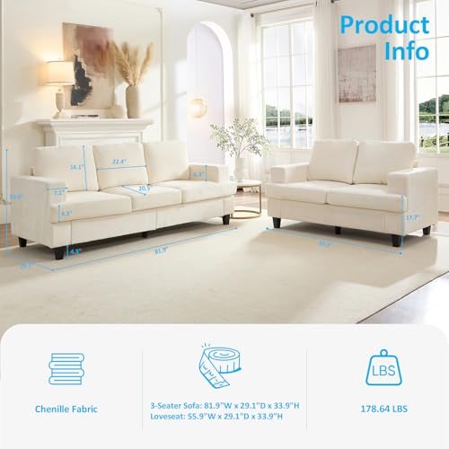 Image of Mjkone 2 Pieces Living Room Sofa Sets, 82 inch W 3 Seat Sofas Couch and Loveseat Set, Sofas Couches Living Room Furniture Set, Sectional Couch Set for Home Office, 3-Seat Sofa + Loveseat, Beige
