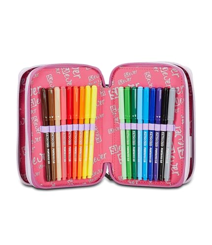 Sj Gang Style Jam Gang Sj Ever Astuccio Scuola 3 Zip, Viola, Heartscope Girl, Portapenne Triplo Scomparto Completo Di Penne, Matite, Colori, Accessori Zaino, Elementari, Medie, Bambina - 4