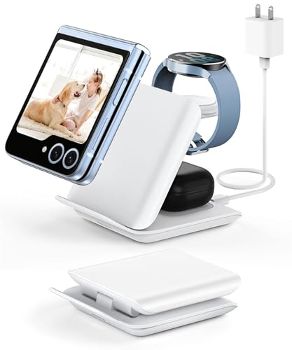 Fast Wireless Charger for Samsung - 3 in 1 Foldable Travel Charging Station, Compatible with Samsung Galaxy Z Flip 7/6/5/4 and Motorola Razr+, White (Adapter PD 20watt Included)