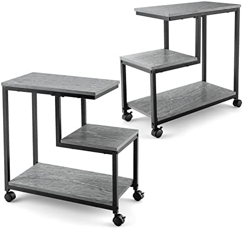 Giantex Faux Marble End Table with Wheel Set of 2, 3-Tier End Table w/Sturdy Metal Frame, Nightstand with Storage Shelf, Ladder-Shaped Side Table for for Living Room Office, Easy Assembly