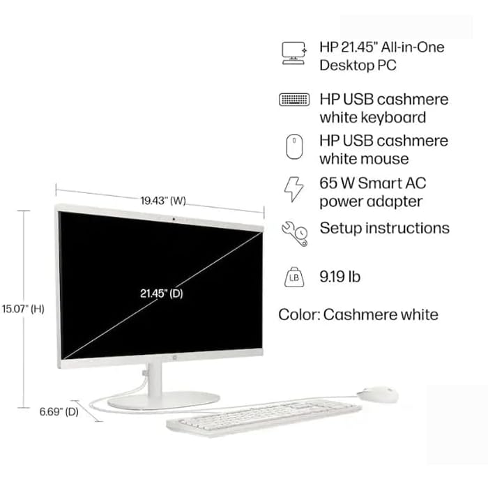 Image of HP 22 inch All-in-One Desktop Computer, 32GB DDR5 RAM, 128GB UFS Storage,13th Gen Intel Quad-Core CPU, FHD VA Display, WiFi 6, Bluetooth 5.3, RJ45, USB-C (10Gbps), UHD Graphics, 720p Cam, Cashmere White
