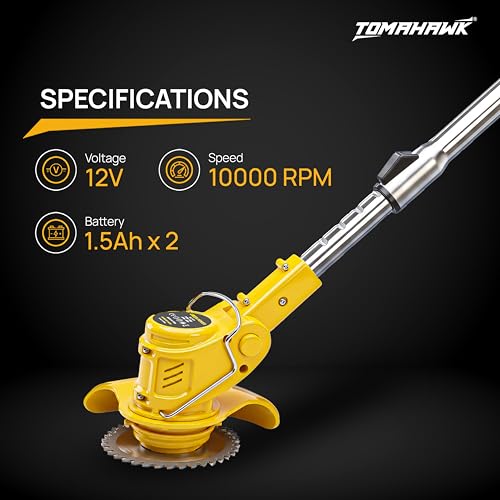 Image of Tomahawk TCBC-12 12V Cordless Brush Cutter, Brushless Motor, 1.5Ah x 2 Batteries, Adjustable Length Shaft, 10,000 RPM, Light Duty Garden Grass & Weed Trimmer with Saw Blade & Rope Attachment