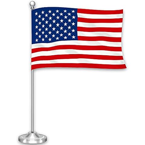 G128 American USA Deluxe Desk Flag Set | 8.5x5.5 In | Printed 300D Polyester, with Silver Dome and Base, 15" Metal Pole, Decorations For Office, Home and Festival Events Celebration Cover