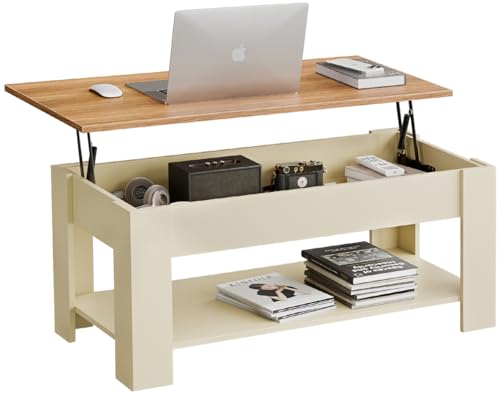 Blisswood Coffee Table With Storage, Lift Up Coffee Tables for Living Room, Wooden Coffee Table With 1 Shelf Large Hidden Storage Modern Rectangular Sofa End Lift-Top Tea Table Furniture, Cream & Pine