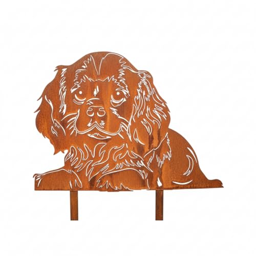 Kapaga - Edelrost Gartenstecker Cavalier King Charles Spaniel - Rost Deko Hund Rostfigur Gartendeko für Draußen - stabile Metall Gartenfigur aus Stahl - Wetterfest für Beet Terrasse - 30x42cm