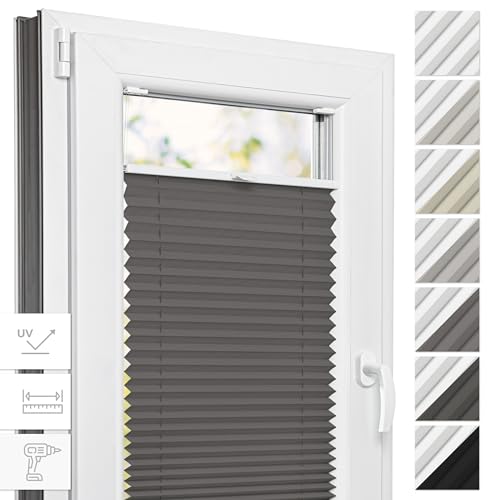 Estika Thermo Plissee mit Bohren - 55 cm x 80 cm - Farbe: Grau - Plissee Blickdicht, Fenster rollos für innen, Plissee Verdunklung, Rollos für Fenster