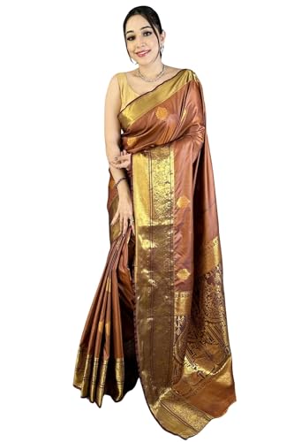 Image of SGF11 Women's Kanjivaram Pure Soft Silk Saree With Unstiched Blouse Piece (Brown)