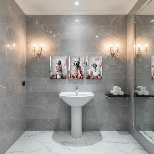 Image of sechars Funny Dogs Bathroom Wall Art Grey and Red Bath Decor Cute Animal Painting Canvas Print (Red)