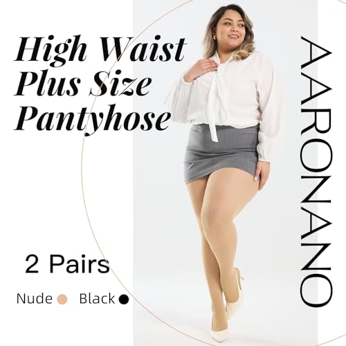 Image of 2 Pairs Plus Size Tights for Women, 40D Semi Sheer T-Crotch Pantyhose High Waist Stockings with Reinforced Toe