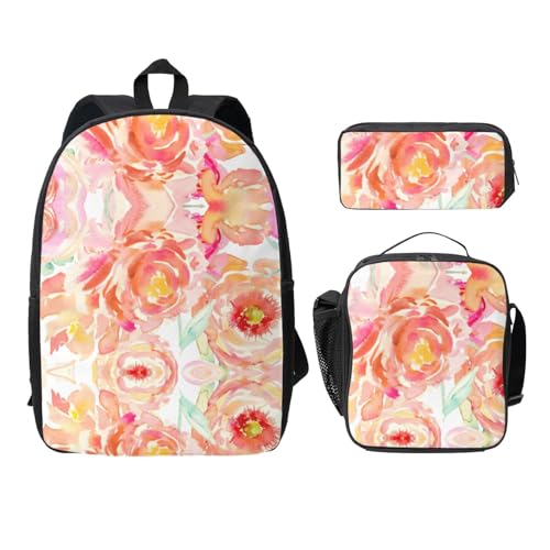 Sac à dos imprimé pivoine 3 pièces avec lunch box et trousse d'école