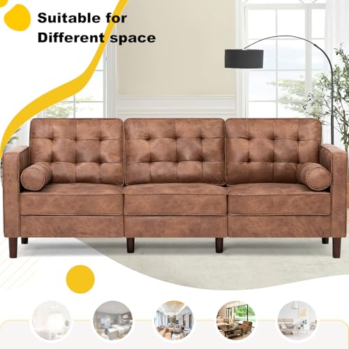 Image of 84 inch Suede Leather Sofa with 2 Soft Pillows, Tufted Modern Sofa with Sturdy Wooden Legs, 3 Seats Couch for Living Room, Office, Bedroom, Brown