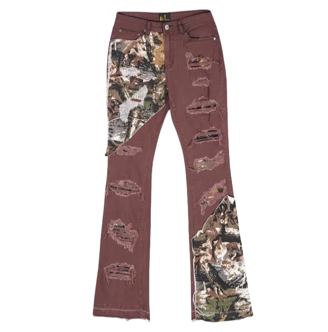 Men's Mid-Rise Flared Jeans with Fitted Ripped Holes and Denim Patch Design - Casual Hip-hop Style Men's Jeans