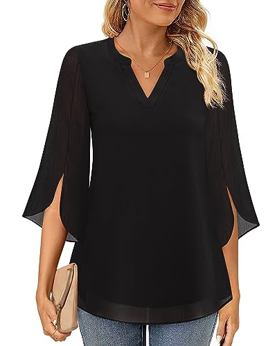 Timeson Women's 3/4 Sleeve Chiffon Blouse Shirt V Neck Dressy Tunic Tops3