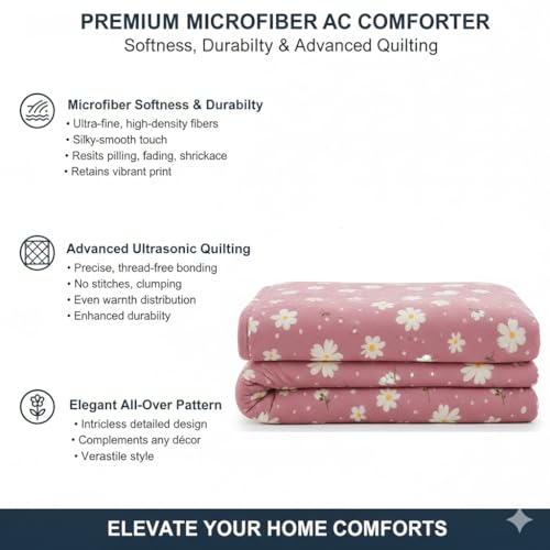 Image of IVAZA Luxury Ultrasonic Punch AC Comforter Blanket - Quilted Microfiber Floral Pattern, Lightweight Breathable All‑Season Blanket for Bedroom, Travel (Singled Bed,228x152 CM) (Pink Grey