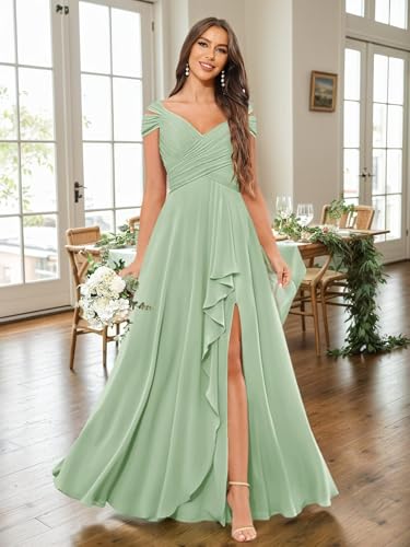 Ruffle Off The Shoulder Bridesmaid Dresses with Pockets Chiffon Long Slit Formal Evening Gown4