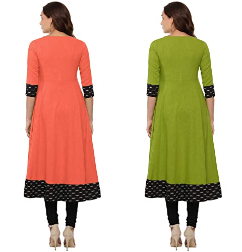 Image of NATEK Plain Cotton Anarkali Gowns Dress for Ladies Girls - Combo Set of 2 Peach, Mehandi Color X-Large Size