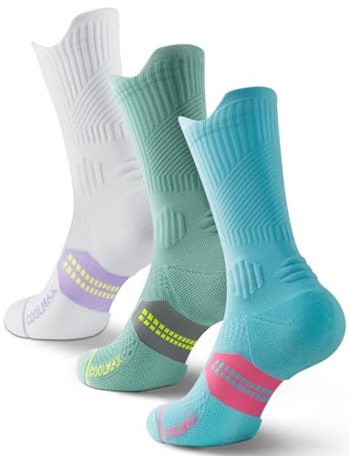 Juclise Calcetines de compresión Coolmax Bamboo para correr para mujer, transpirables, antiampollas acolchados (FR/ES, Números, 38, 42, Regular, Regular, Blanco Morado+Pared Verde+Verde Agua)