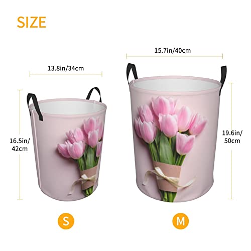 Pretty Pink Tulip Flower Laundry Basket For Women Teens Girls Room, Small Collapsible Floral Print Laundry Hamper Dirty Clothes Bag With Handles Washing Storage Bin For Clothes Toys Bedroom Bathroom #TOP4
