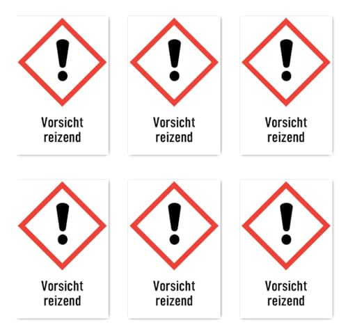 GHS07 UN/GHS Hazard Pictogram Stickers: 75 x 50 mm, Pack of 6 – Caution Charming – Danger Symbol with Text (German) (Red/White)
