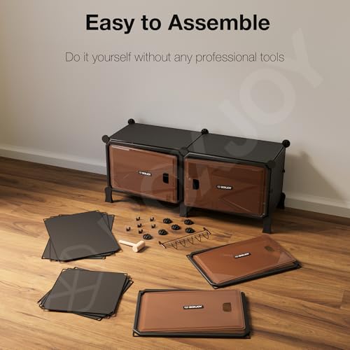 Image of BOXJOY 8 Shelf Horizontal Shoe Rack with 4 Doors, Magnet & 5 Hook Steel Holder for Home Storage Box Organizer, Hard PET Plastic with Metal Door Frame, Shoe Chappal Slipper Stand(Black, Brown Door)