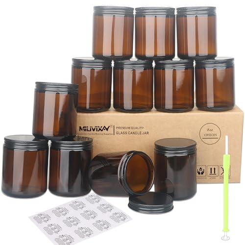 MILIVIXAY 12 piezas 237 ml de vidrio grueso color ámbar oscuro portavelas con tapas metálicas negras completas, portavelas vacíos para la fabricación de velas, frasco para especias