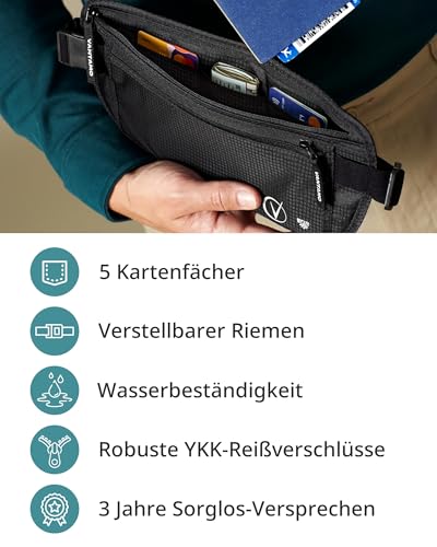 Vantamo Bauchtasche Damen Ultraflach mit RFID-Schutz, Geldgürtel für Reisen mit 2 Fächer und Verstellbarem Gurt, Hüfttasche Herren für Laufen und Wandern Passt für Reisepass, Bargeld und Telefon