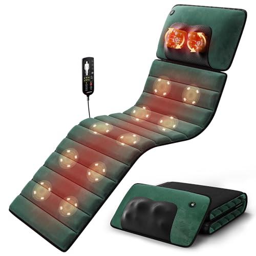 Himouta Soft Full Body Massage Mat with Heat, Massage Pad with Detachable Neck Massager, 10 Motors Vibrating Mattress for Relaxation, Foldable Design for Home Office Use (Green)