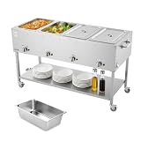 VEVOR 4-Pan Commercial Propane Steam Table, LP Gas Outdoor Soup Warmer with Drain Valve and 3' Wheels, Stainless Steel Propane Food Warmer with Independent Temp Control, for Restaurant Outdoor Camping