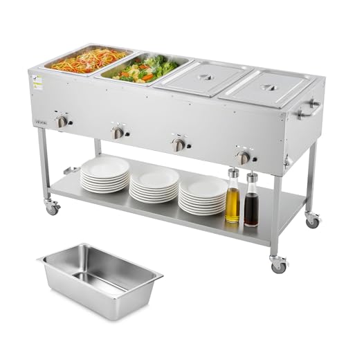 Image of VEVOR 4-Pan Commercial Propane Steam Table, LP Gas Outdoor Soup Warmer with Drain Valve and 3 inch Wheels, Stainless Steel Propane Food Warmer with Independent Temp Control, for Restaurant Outdoor Camping