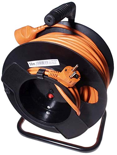 PremiumCord 50m Kabeltrommel Qualitätsverlängerung 230V auf der Trommel mit Thermoschutz und Kabelhalter