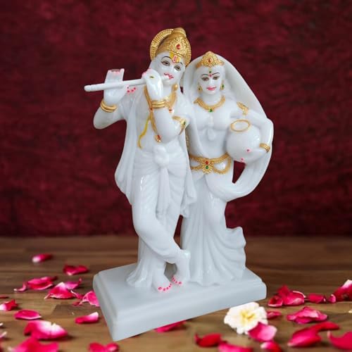 Image of Marble Radha Krishna Idol Statue for Home Decor Showpiece (Standard, White and Gold)