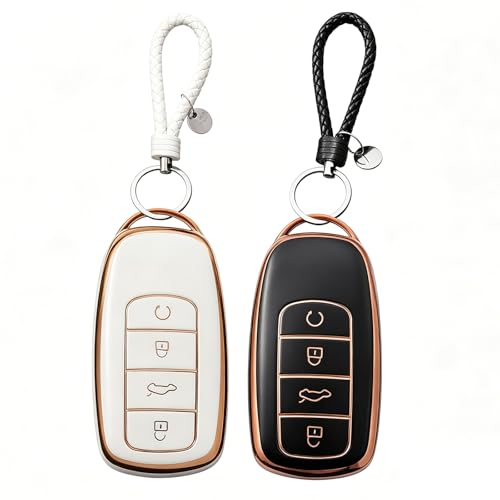 2PCS Car Key Cover for Jaecoo7 Jaecoo7 Key Fob Holder with 2 Lanyards TPU 4 Buttons Car Key Card Case with Lanyard Key Fob Cover Compatible with Chery Tiggo 8/7/Pro Omoda 5 Jaecoo 7(Black White)