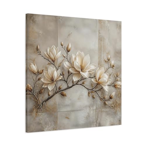Toile magnolia fleurs crème grand tableau carré 75x75