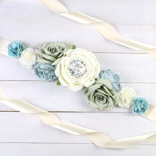 Image of Dusty Blue Sage Green Baby Shower Maternity Sash Kit, Greenery Gender Reveal Belly Belt and Mom to Be Dad to Be Corsage Pins, New Parents Pregnancy Announcement Photo Props Party Supplies