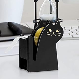 Cute Tape Dispenser,Cute Cat Tape Dispenser,Vintage Wooden Kitty Tape Cutter with 1 Roll Tape for Home Office Desktop Accessory (Black)
