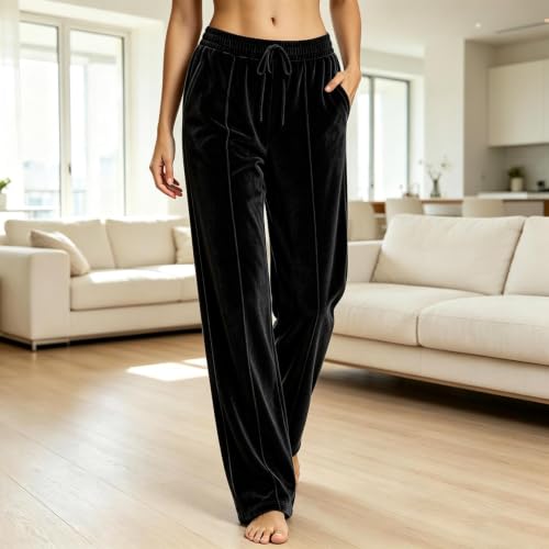 Velvet Wide Leg Pants for Women Drawstring Elastic Waist Vertical Seam - image 3