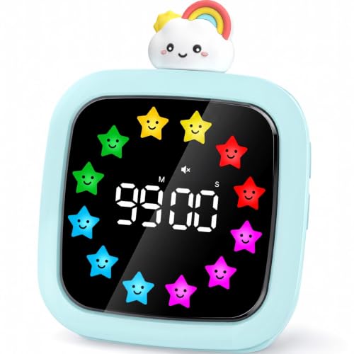 Image of Yunbaoit Digital Visual Timer for Kids, 99-Minute Countdown, Rechargeable | Cyan Protective Case, 19 Music Alarm, Pause Function, 9 Optional DIY Color Star Display, Rainbow Doll, for Homeschool